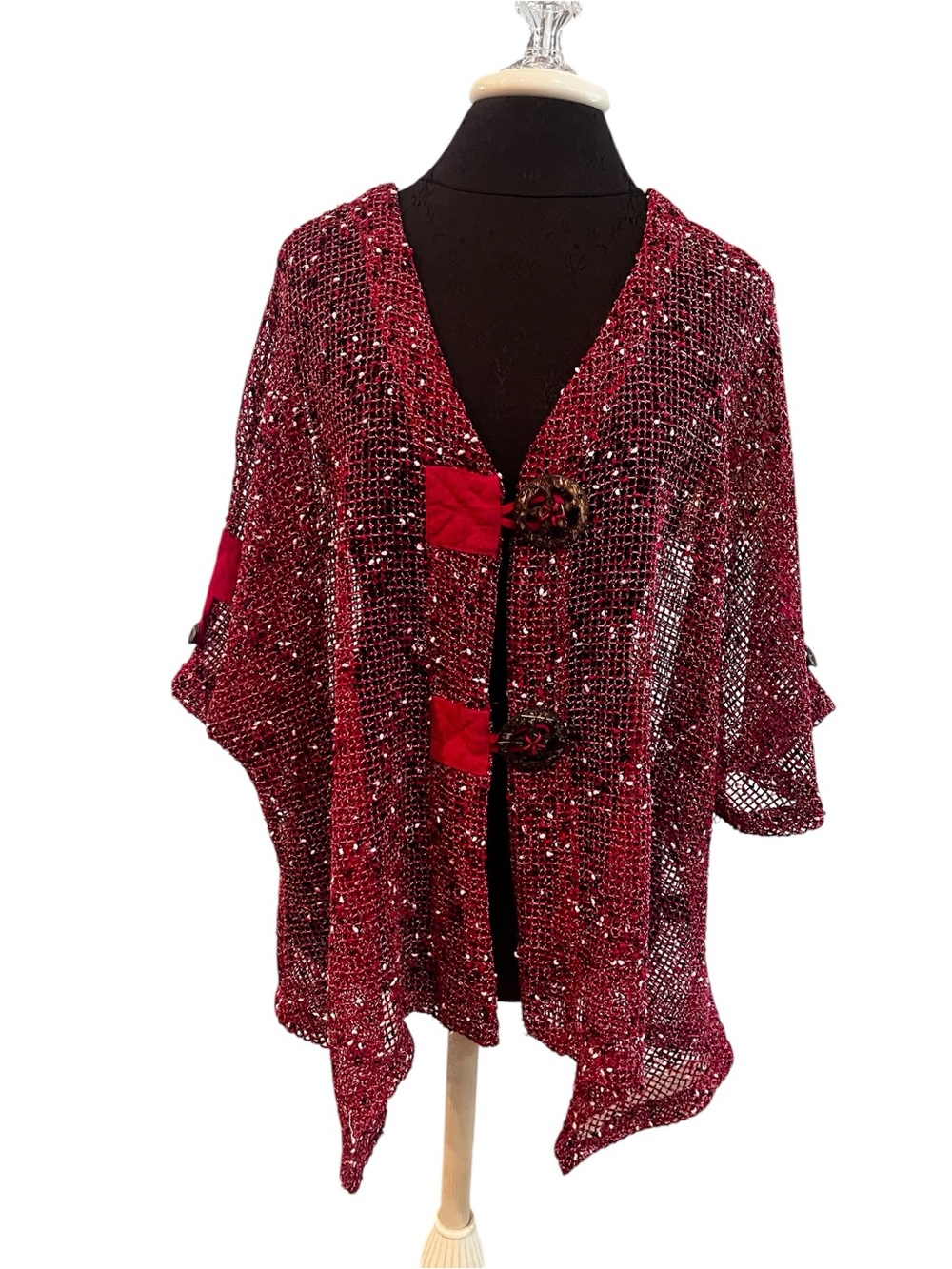 Mirror Image Burgundy Fishnet Open Weave Lagenlook Jacket Artsy Wood Buttons 2X